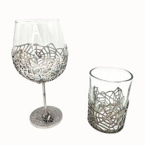 NEW TMD SILVER METAL SPIDERWEB STEMMED WINE & WHISKEY GLASS SET GOTHIC HALLOWEEN